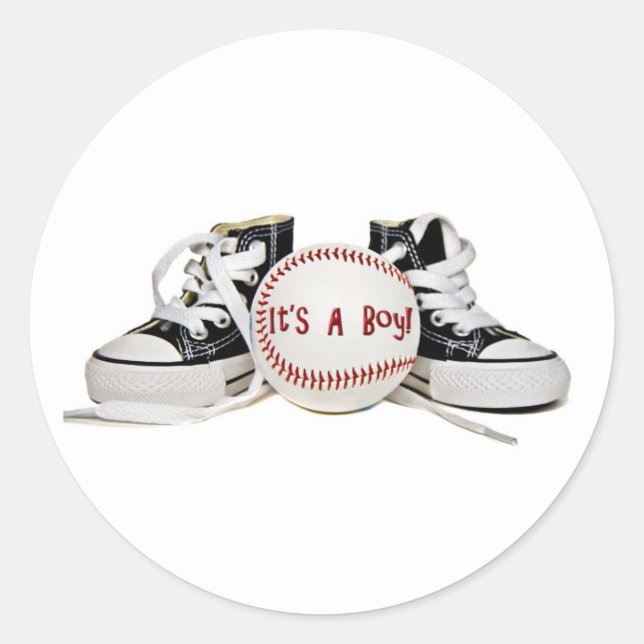 Baby Boy Sneaker and Baseball Announcement  Classic Round Sticker (Front)
