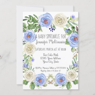 Baby Boy Sprinkle Shower Blue n White Rose Floral Invitation