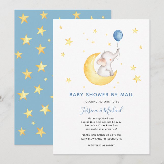 Baby Boy Star Elephant Baby Shower by Mail Invitation (Front/Back)