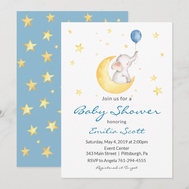 Baby Boy Star Elephant Baby Shower Invitations (Front/Back)