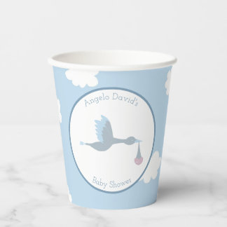 Baby Boy Stork Blue Sky and Clouds Paper Cups