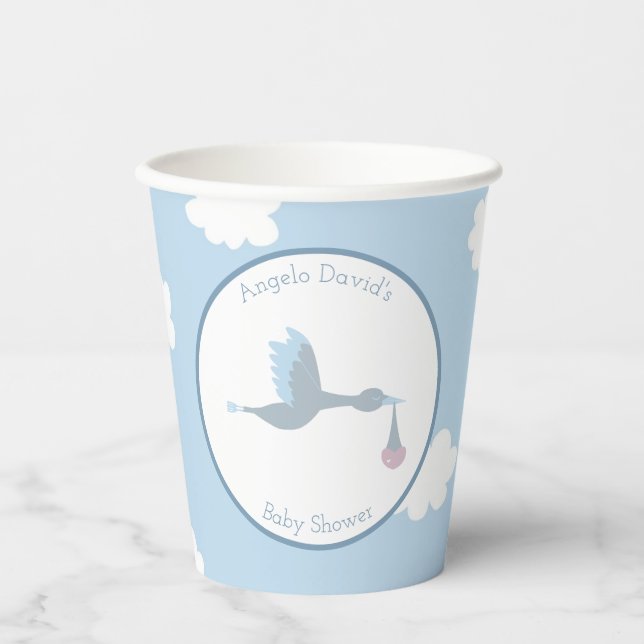 Baby Boy Stork Blue Sky and Clouds Paper Cups (Front)
