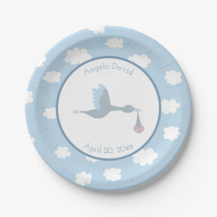 Baby Boy Stork Blue Sky and Clouds Paper Plate