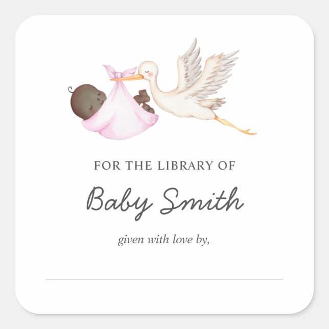 Baby Boy Stork Shower Bookplate Square Sticker (Front)