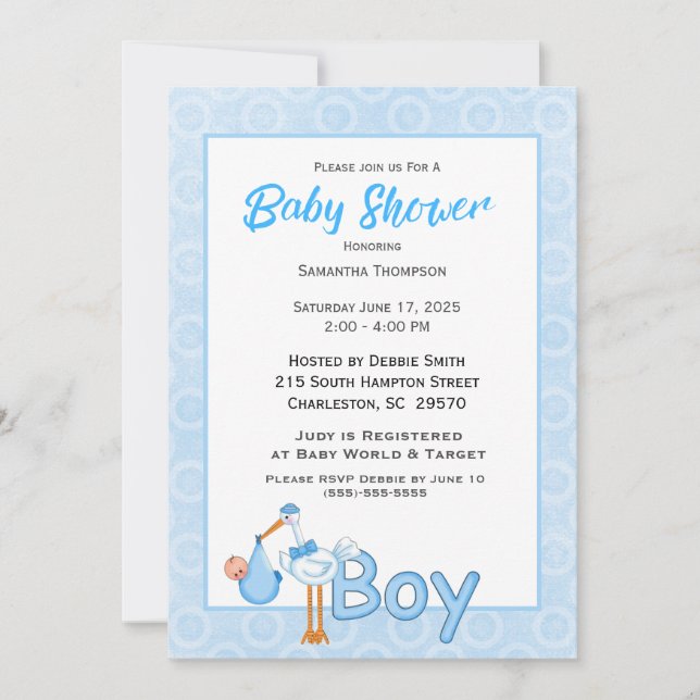 Baby Boy Stork Shower Invitation (Front)