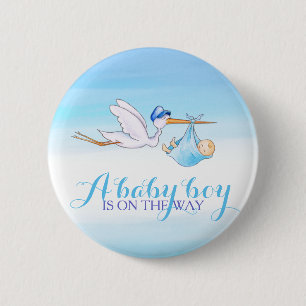 Baby boy stork watercolor button badge