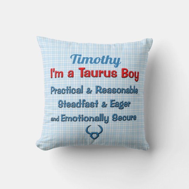Baby Boy Taurus Zodiac Red and Blue Checks Cushion (Front)