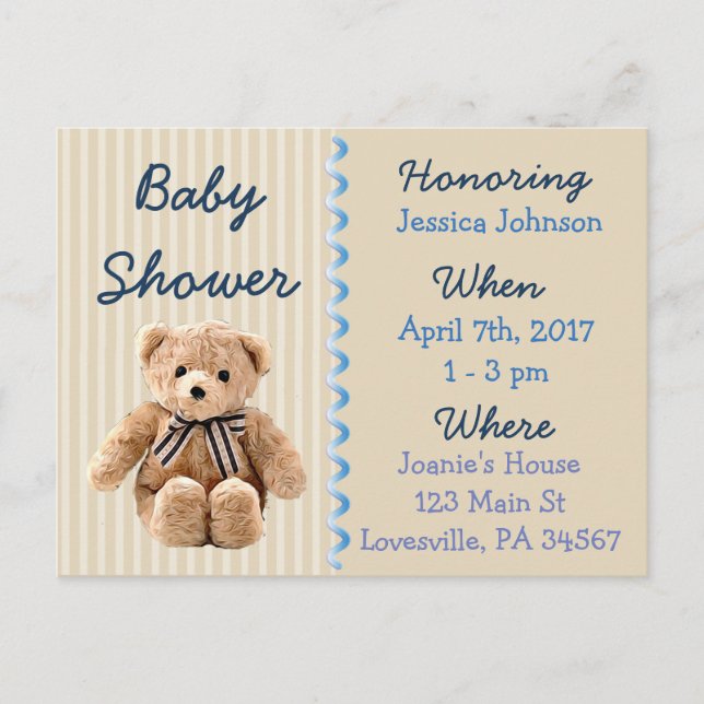 Baby Boy Teddy Bear Blue Baby Shower Invitation Postcard (Front)