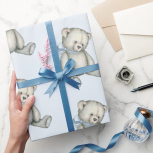 Baby Boy Teddy Bear Blue Watercolor Gift Wrapping Wrapping Paper