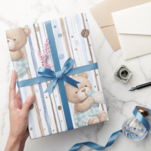 Baby Boy Teddy Bear Drinking Baby Bottle Wrapping Paper
