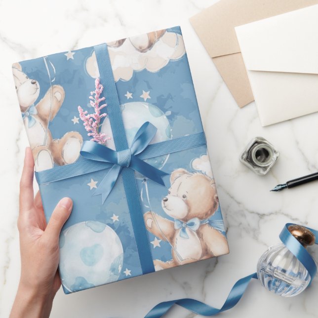 Baby Boy Teddy Bear Floating Balloon Wrapping Paper (Gifting)