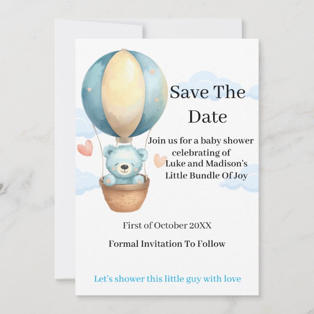 Baby Boy Teddy Bear Save the Date Card (Front)