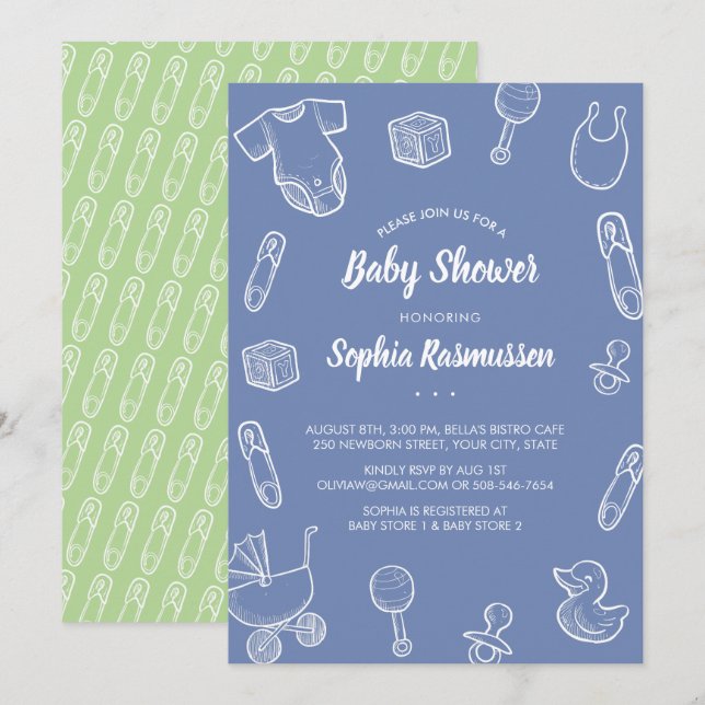 Baby Boy Toys Clothes Blue Baby Shower Invitation (Front/Back)