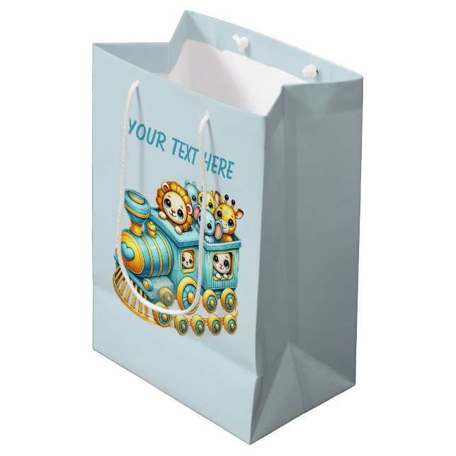 Baby boy train customisable medium gift bag (Front Angled)