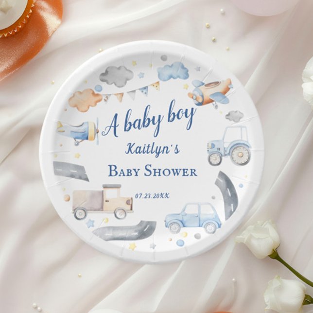Baby Boy Transportation Cars Baby Shower Paper Plate (Creator Uploaded)