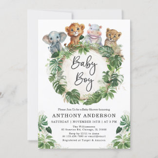 Baby Boy Tropical Jungle Safari Animals Shower Invitation