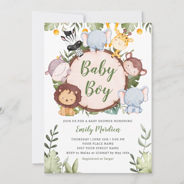 Baby Boy Tropical Jungle Safari Animals Shower  Invitation (Front)