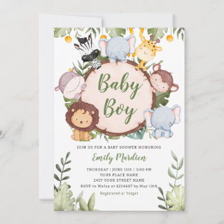 Baby Boy Tropical Jungle Safari Animals Shower  Invitation