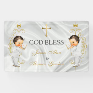Baby Boy Twins Baptism Christening Gold Banner