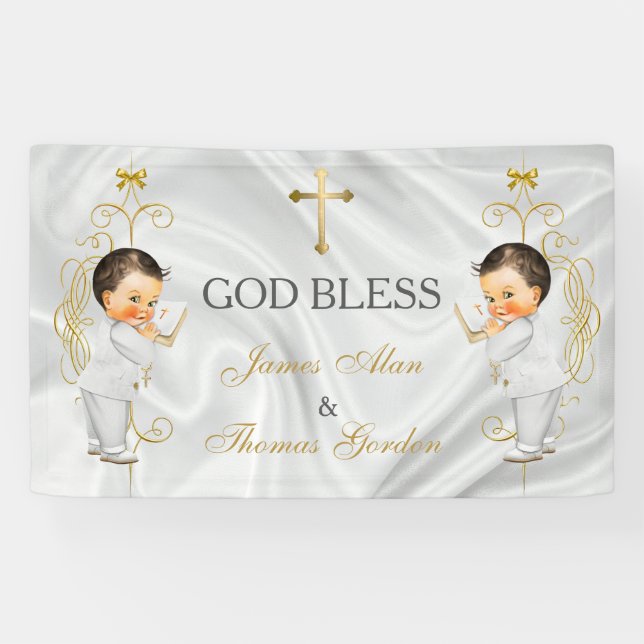 Baby Boy Twins Baptism Christening Gold Banner (Horizontal)