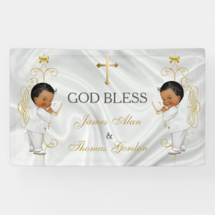 Baby Boy Twins Baptism Christening Gold Ethnic Banner