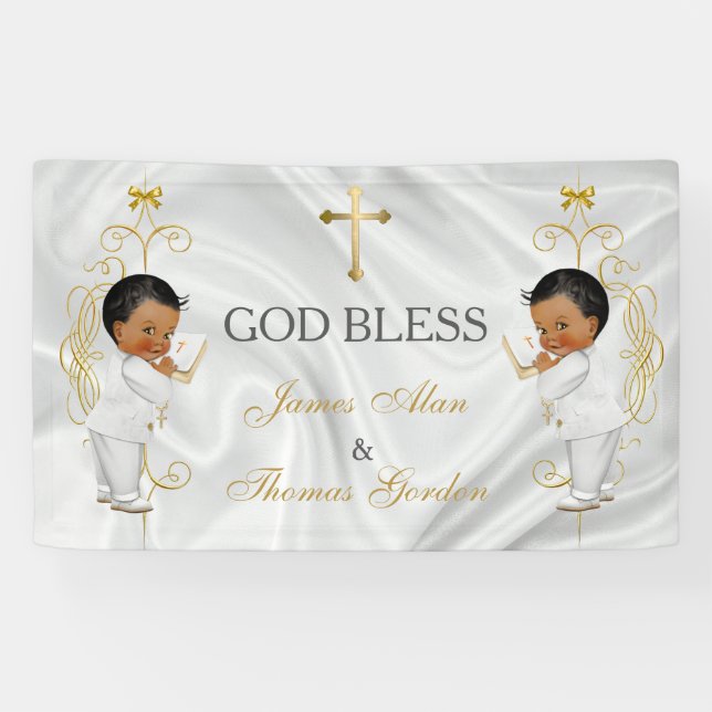 Baby Boy Twins Baptism Christening Gold Ethnic Banner (Horizontal)