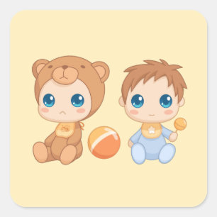 Baby Boy Twins Bear Jumpsuit 2 on Yellow Square Sticker