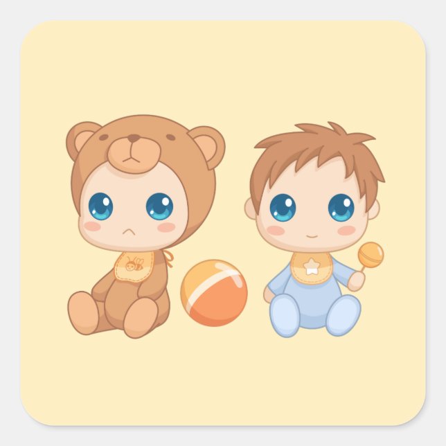 Baby Boy Twins Bear Jumpsuit 2 on Yellow Square Sticker (Front)