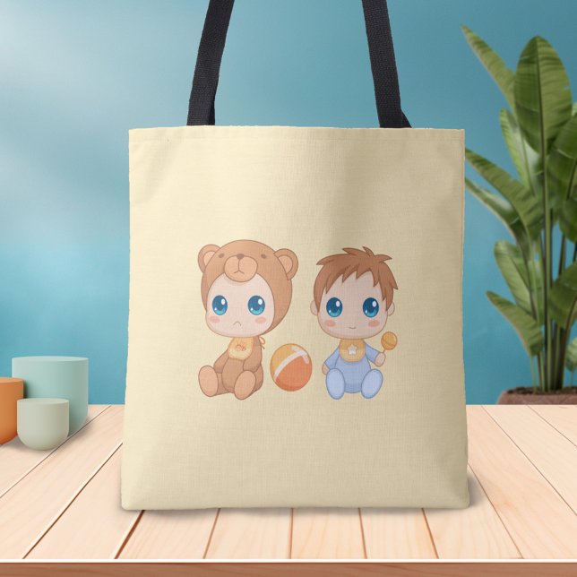 Baby Boy Twins Bear Jumpsuit on Yellow Tote Bag (Creator Uploaded)