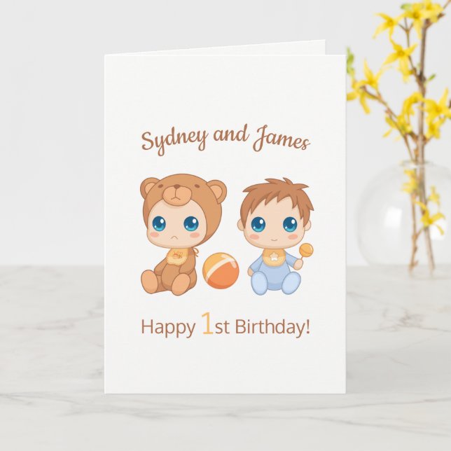Baby Boy Twins First Birthday Names Blank Card (Yellow Flower)
