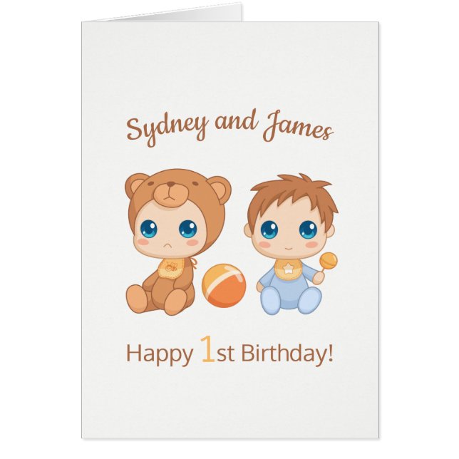 Baby Boy Twins First Birthday Names Card (Front)