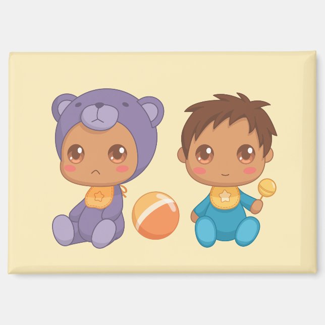 Baby Boy Twins Purple Bear Jumpsuit on Yellow Magn Magnet (Front)