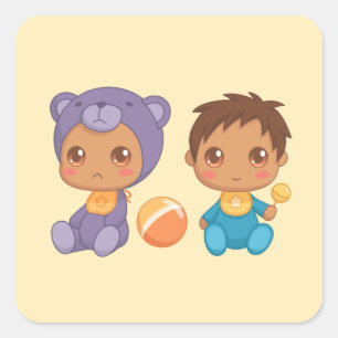 Baby Boy Twins Purple Bear Jumpsuit on Yellow Squa Square Sticker