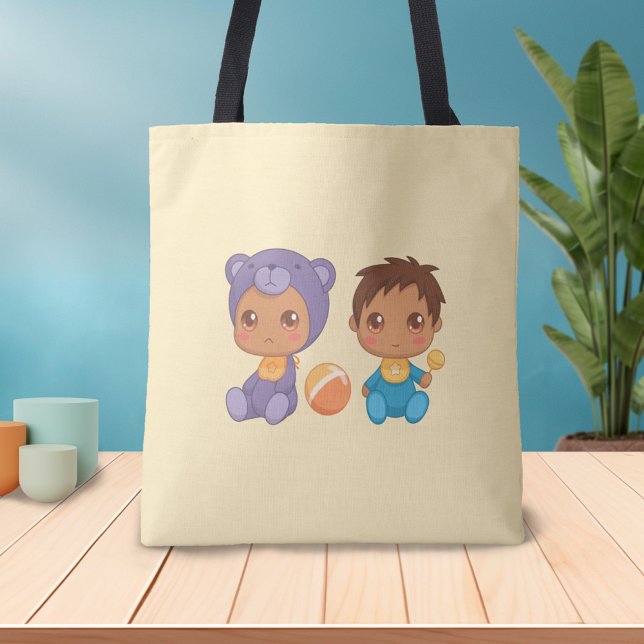 Baby Boy Twins Purple Bear Jumpsuit on Yellow Tote Bag (Creator Uploaded)