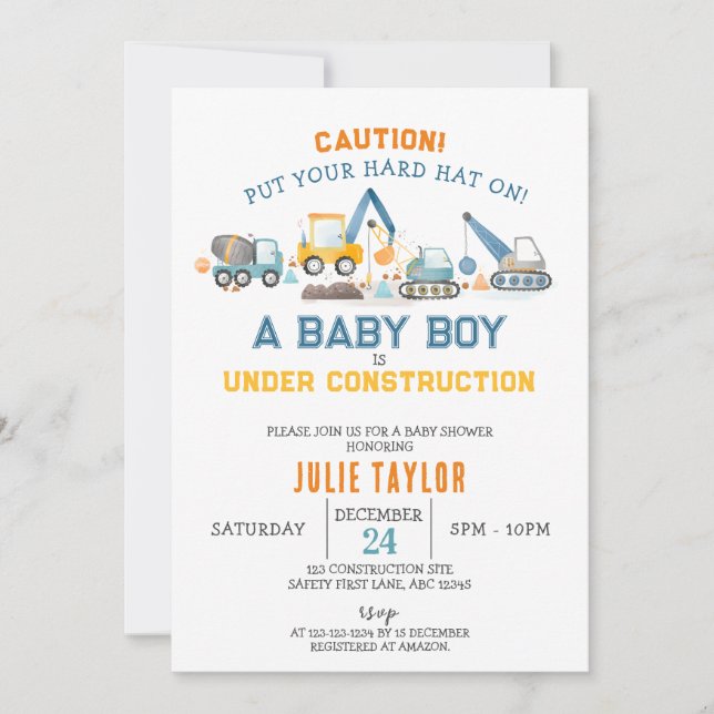 Baby Boy under Construction, Digger Baby Shower Invitation (Front)