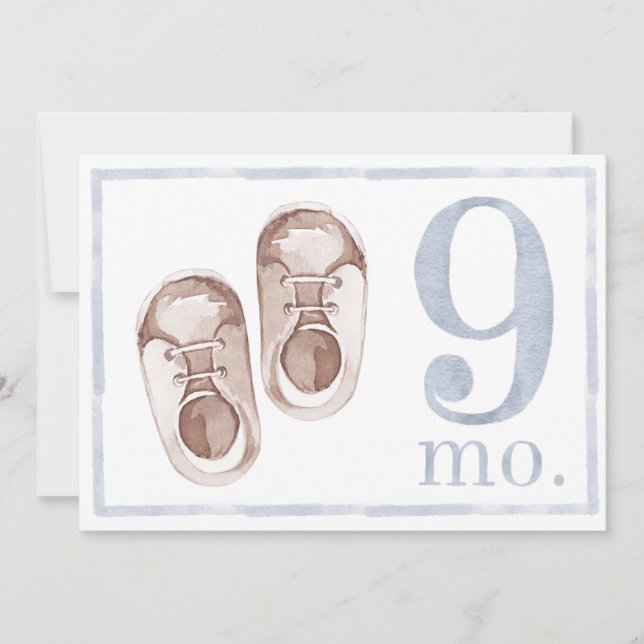 Baby Boy Watercolor Milestone Nine Month Old Card (Front)