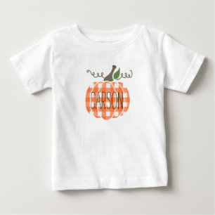 Baby Boy Watercolor Orange Plaid Pumpkin T-Shirt
