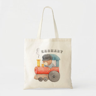 Baby Boy Watercolor Teddy Bear Train Diaper Tote Bag