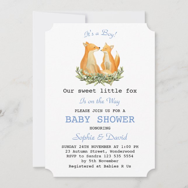 Baby Boy Watercolour Fox Woodland Baby Shower Invitation (Front)