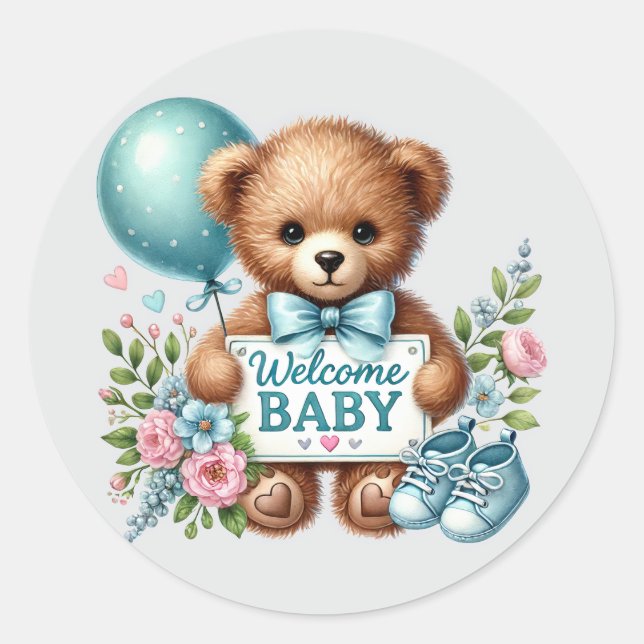 Baby boy welcome bear  classic round sticker (Front)