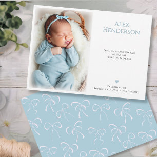 Baby Boy White Bows Photo Blue Birth Announcement