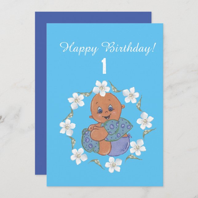 Baby boy with blue garment - happy birthday card (Front/Back)