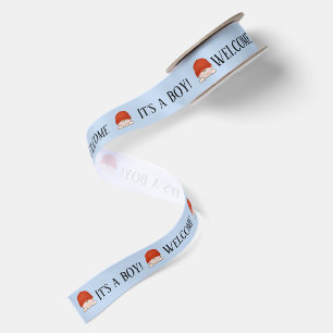 Baby Boy with Red Cap on Blue Satin Ribbon