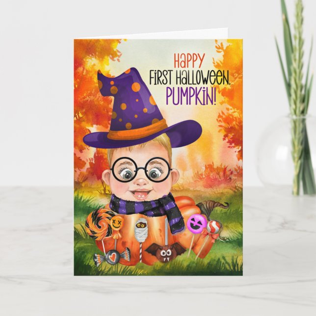 Baby Boy Wizard's First Halloween Holiday Card (Front)
