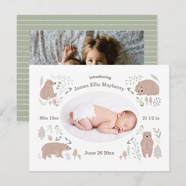 Baby boy woodland bear birth Announcement Postcard (Front/Back)