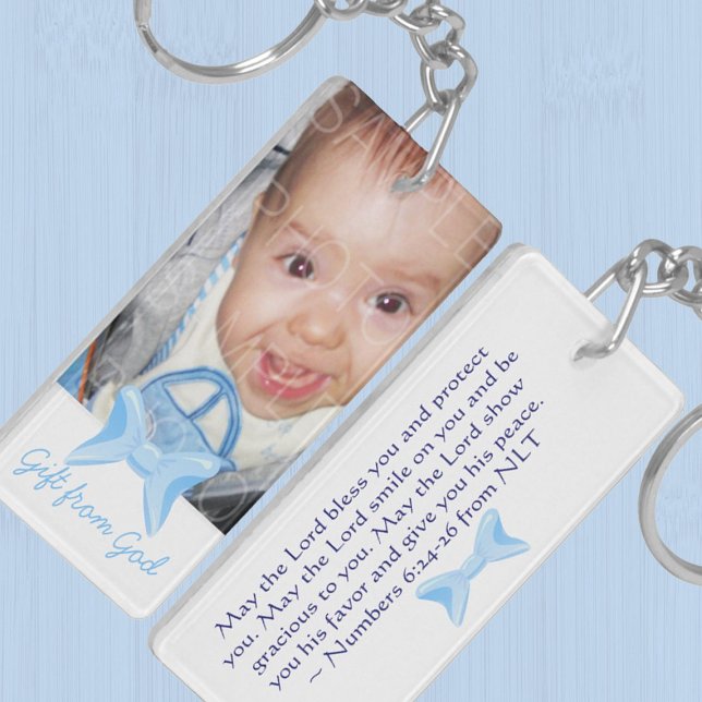 Baby boy Your Photo Gift from God Blue Bible verse Key Ring (Baby boy Photo Gift from God Blue bow Bible verse Keychain by PLdesign, customize your image, text)