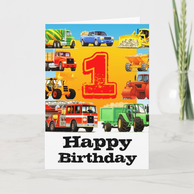 Baby Boy's 1st Birthday Construction Truck Card (Front)