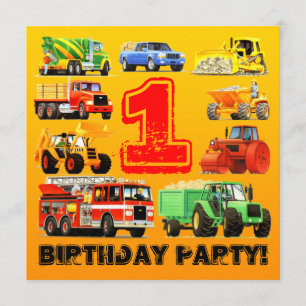 Baby Boy's 1st Birthday Construction Truck Party Invitation