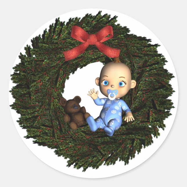 Baby Boy's 1st Christmas Classic Round Sticker (Front)