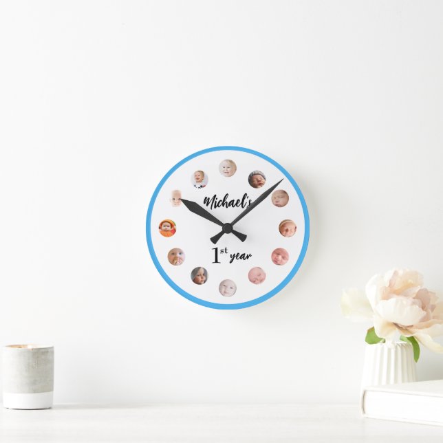 Baby Boy's 1st year 12 month photos Blue Round Clock (Home)